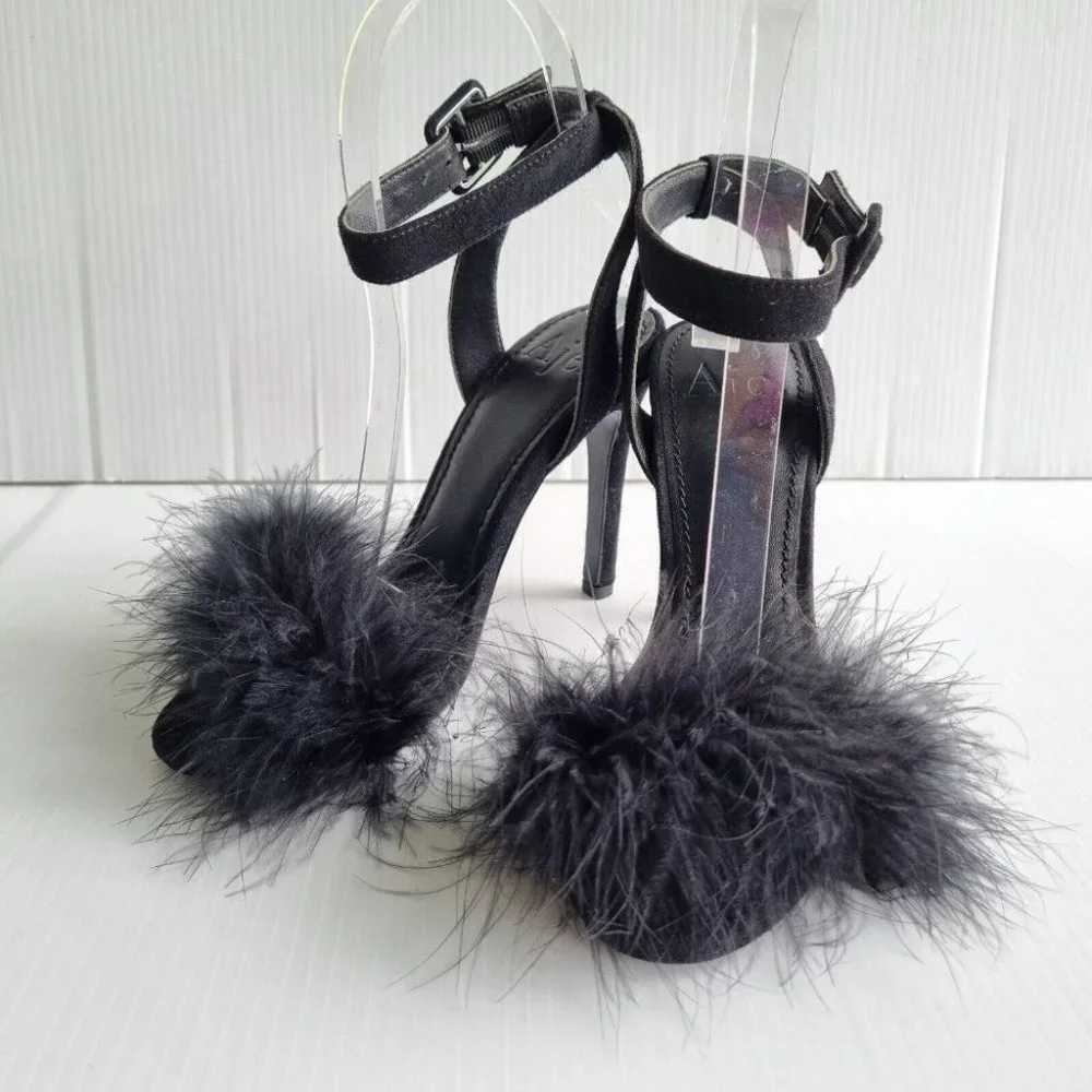 Aje. Black Feather & Suede Open Toe Stilettos Size 36 - Picture 2 of 10